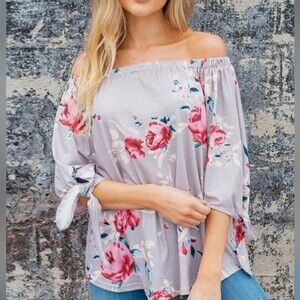 Peach Love California off shoulder gray floral top size small